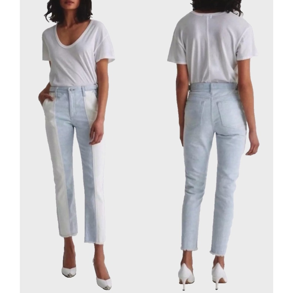 AG Women's Isabelle Paneled Crop Jeans 27R Blue White High Rise Straight Leg USA